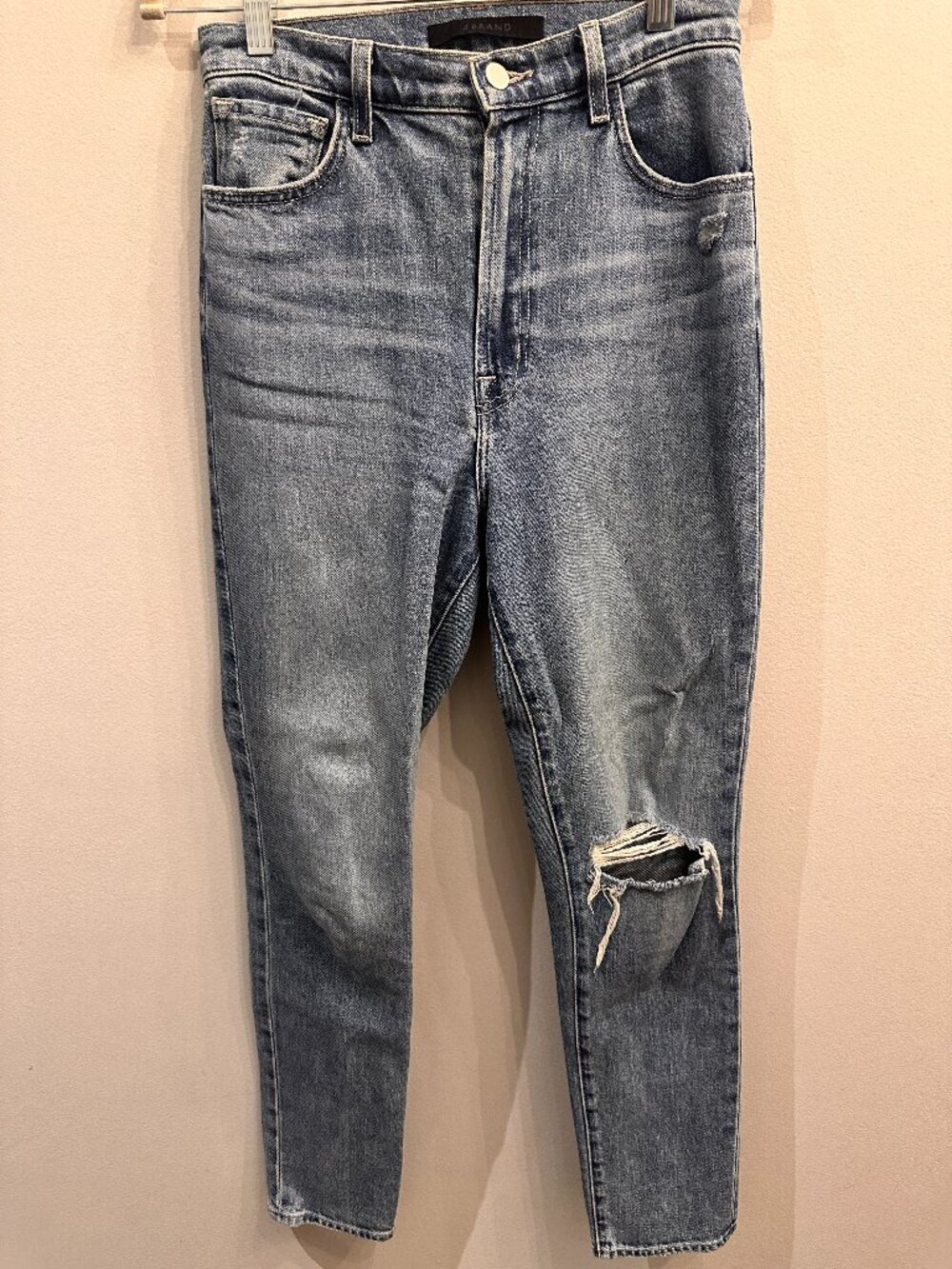 J Brand Nico High Rise Slim Fit Jeans Distressed Ripped Knee Denim Blue